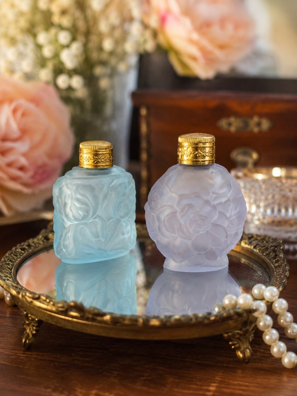 Frosted Floral Glass Perfume Bottle with Gold Cap Czech Glass French